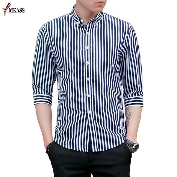 

men's casual shirts spring summer striped slim fit stand collar theer quarter long sleeve camisa hombre shirt for men, White;black