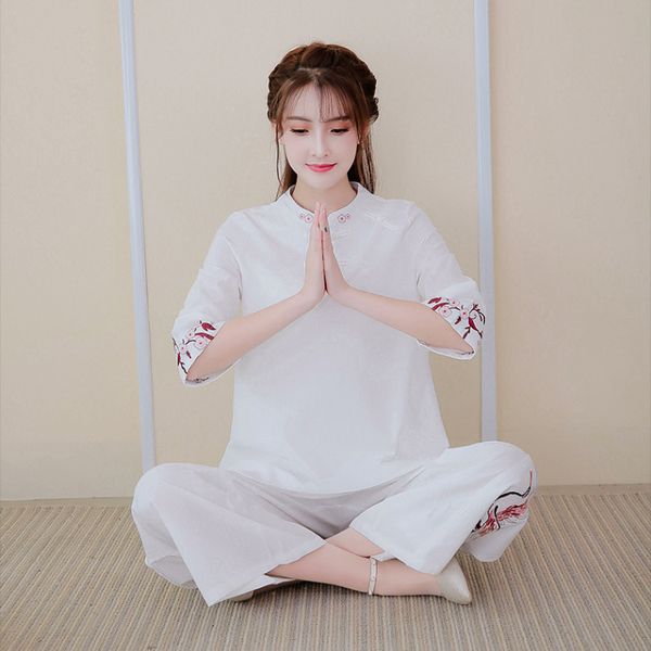 

summer women yoga tai chi meditation martial arts set loose linen embroidery sweatshirt+pant jogger fitness outfit casual set, White;red