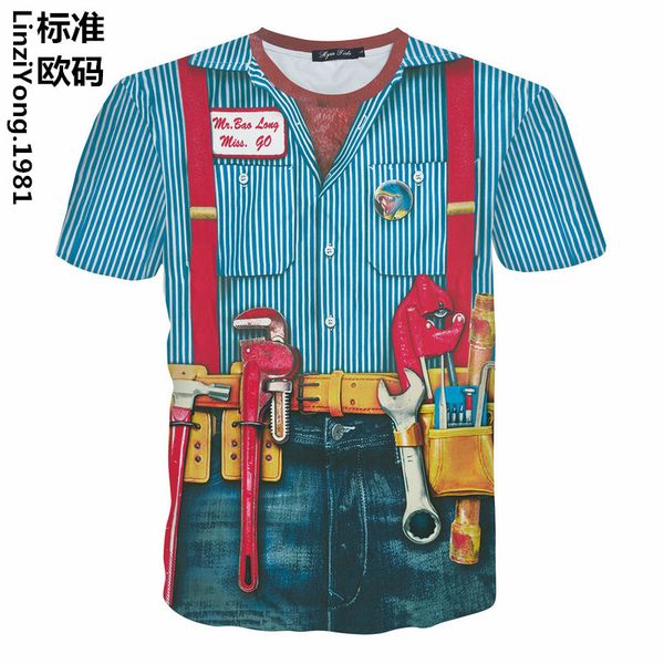 

new european creative fake two pieces of 3d printing stripe tool cartoon casual short sleeve t-shirt for men xia, White;black