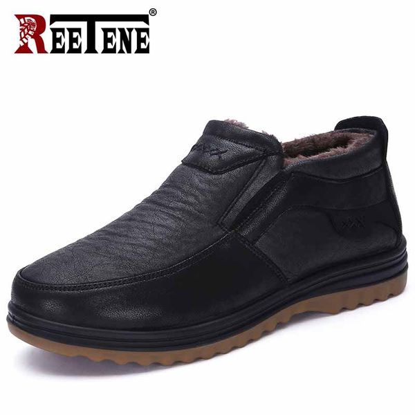 

reetene leather winter boots men keep warm ankle winter boots slip-on casual shoes for male plus velvet snow shoes plus size 48, Black