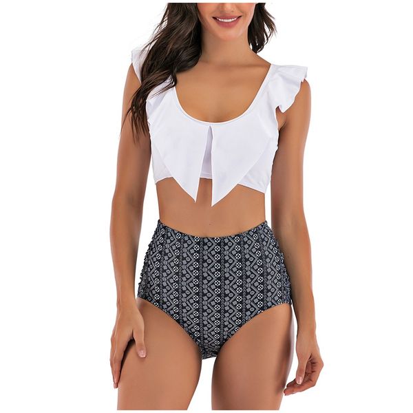 

summer swimwear women bikinis 2020 print white ruffle bathing suit women brazilian high waist bikini push up swimsuit women, White;black