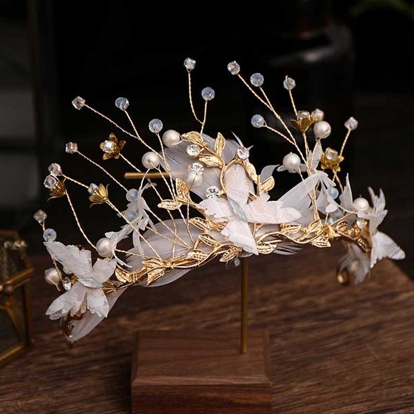 

handmade feather bridal tiaras crowns crystal women party hairband princess crown wedding jewelry hair accessories vl, Golden;silver