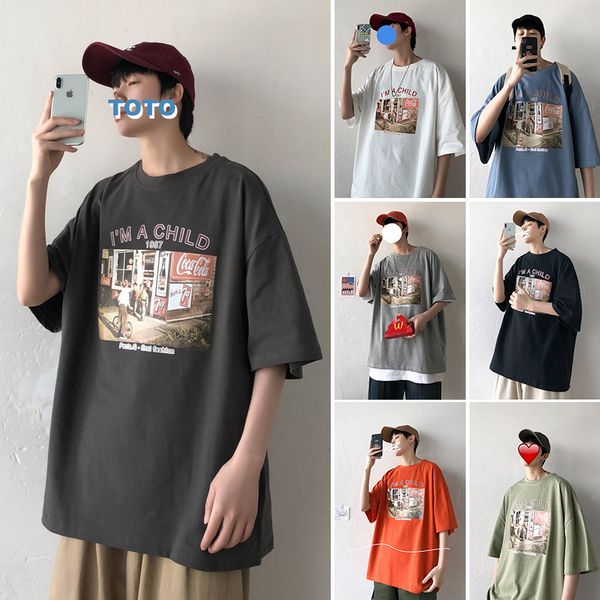 

mens short-sleeved t-shirt brand ins hong kong wind loose summer round neck half sleeve cotton wild middle sleeve loose bf put on clothes, White;black