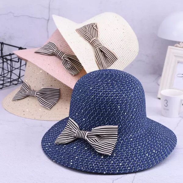 

sequins ribbon bow wide brim ssummer sun hat lady fashinable bucket hat out door uv protection beach visit, Blue;gray