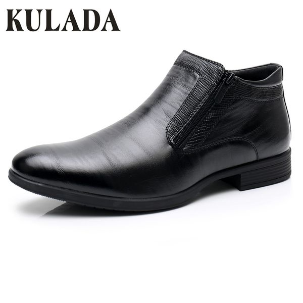 

kulada new men's shoes spring&autumn leather ankle boots men zipper side boots men business oxford boots men dress classic shoes, Black