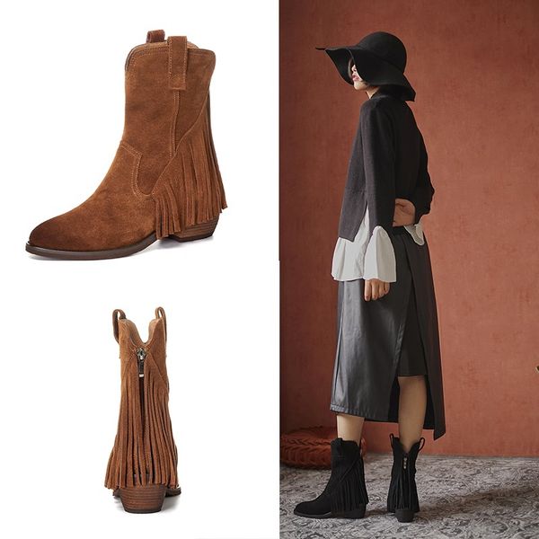 

boots retro british style short tube ankle for women genuine leather suede zipper block high heels tassel brown size 41 42, Black