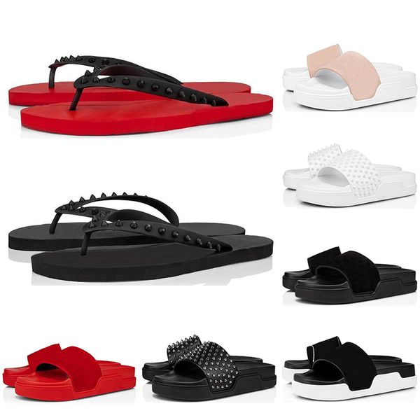 

красные днища тапочек для мужчин женщин моды горок тройных черные белых розовых шипы мужских плоской вьетнамку пляж отель платформа сандалии, Black