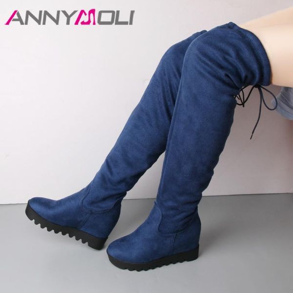 

annymoli over the knee boots thigh high boots winter shoes fashion women platform wedge heel faux suede slim footwear, Black