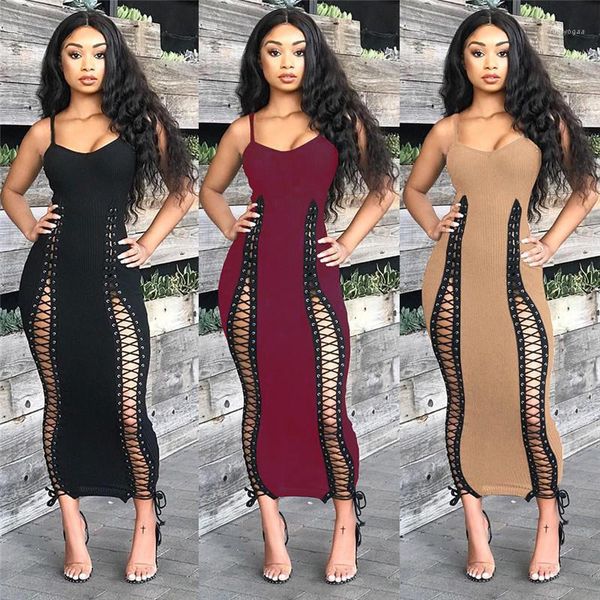 

bodycon dresses womens designer dresses spaghetti strap hollow out dresses solid color summer bandage spilt club, Black;gray