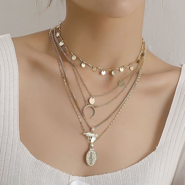 

vintage multilayer moon gun goddess pendant necklace women exaggerated geometric sequins necklace punk party jewelry necklaces, Silver