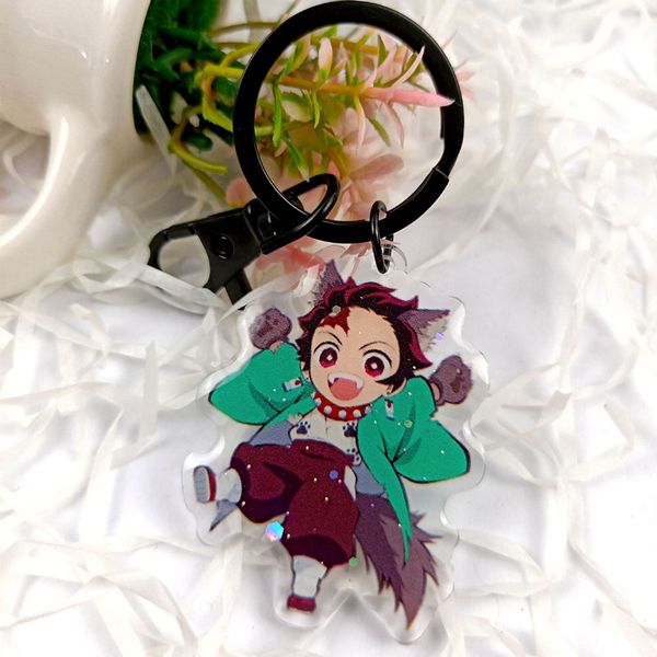 

2020 demon slayer laser acrylic keychain cute key chain kimetsu no yaiba cosplay pompom yaiba keyring pendant, Silver