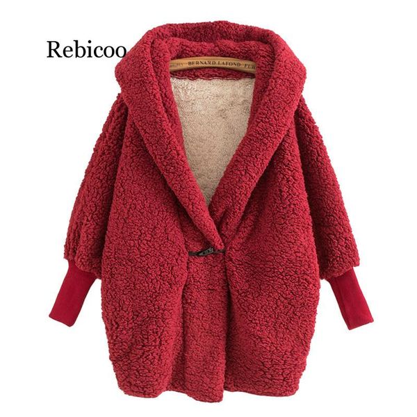 

women hooded outwear winter fashion design women's batwing long sleeve loose streetwear lamb wool hooded coat jackets, Black