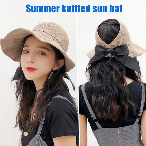 

summer beach fisherman hat cap wide brim bowknot sun protection foldable travel tc21, Blue;gray