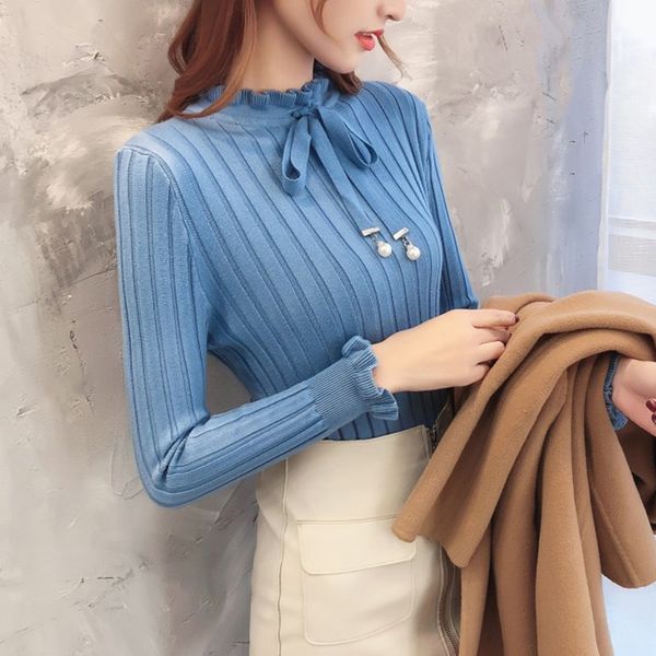 

blackday slim knitted sweater female long sleeve autumn sweater womens pullovers sweaters winter petal sleeve bead sweater women new, White