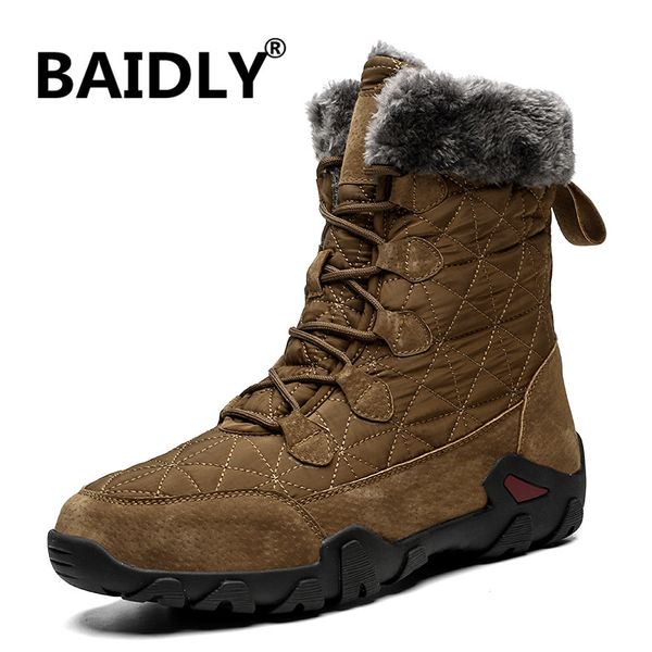 

brand winter men snow boots cow genuine leather men's boots plush warm non-slip men ankle work shoes, Black
