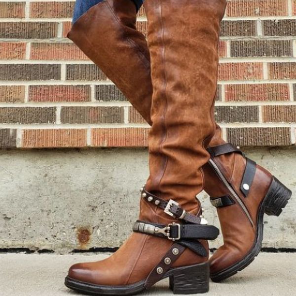 

ladies style belt buckle thigh boots women's fashion thick heel high heel rider boots plus size ladies high 40-43, Black