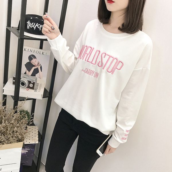 

2020 осень новой корейского стиля свободного вышитые shirtsweater размера shirtlarge всех соответствующие письма вышитой шея тонкого свитер, Black