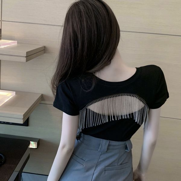 

women's t-shirt women short sleeve cropped tee shirts lady fashion tassels hollow out crop black and white t-shirts for girls summer