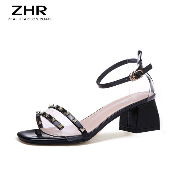 

2020 heels high women sandals rivet summer transparent pumps wedding luxury women's shoes ankle strap square pvc heels, Black