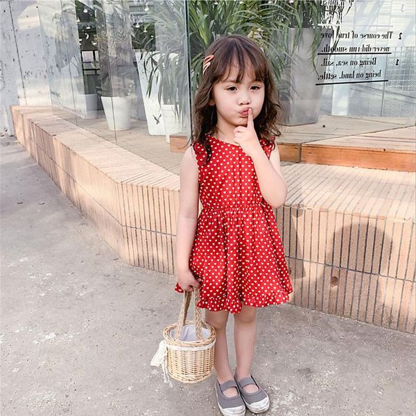 

children summer beach chiffon dress casual sleeveless polka dot dress boho party elegant v neck tutu kids children clothes, Red;yellow