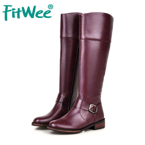 

fitwee new winter women knee high boots side zipper buckle flats shoes keep warm round toe women knight boots size 32-43, Black