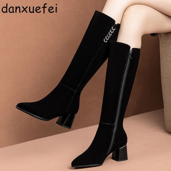 

women's natural suede leather thick high heel autumn warm plush knee high boots round toe elegant ladies long boots black shoes