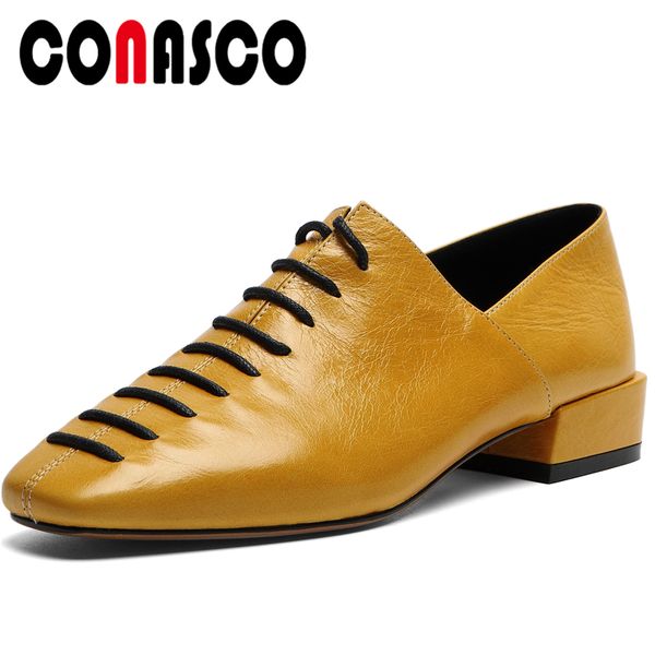 

conasco women pumps fashion genuine leather cross-tied comfortable low heels spring summer new office casual lace-up shoes woman, Black