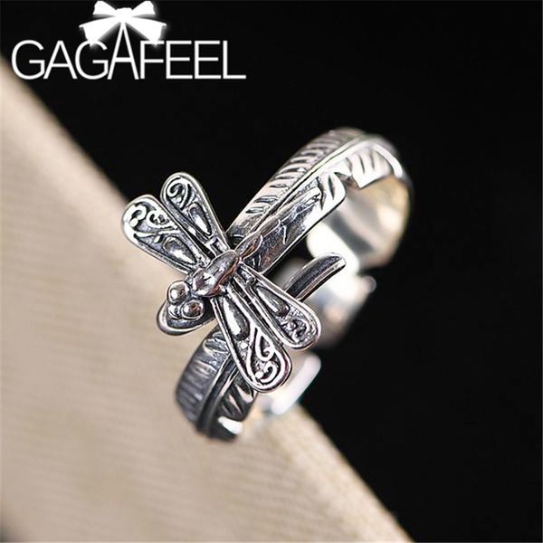 

gagafeel retro dragonfly open ring new design s925 sterling silver jewelry trendy feather adjustable rings for women jewelry, Golden;silver