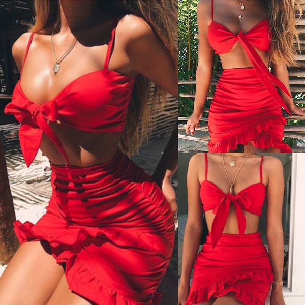 

2pcs womens holiday bow crop bodycon skirt set ladies summer beach dress, Black;white