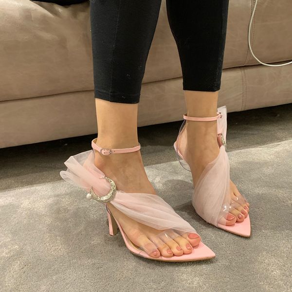 

2020 new fashion sandals women buckle pearl mesh stiletto high heels women shoes summer comfortable thin heels zapatos de mujer, Black