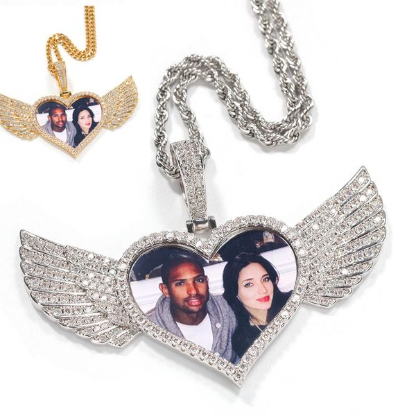 

personalized custom p memory medallions solid pendant bling iced out cubic zircon necklace wings hip hop jewelry golden silver, Black