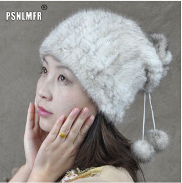 

winter hat women 2020 new design russian hat handmade knitted cap with two plush balls women's winter hats, Blue;gray