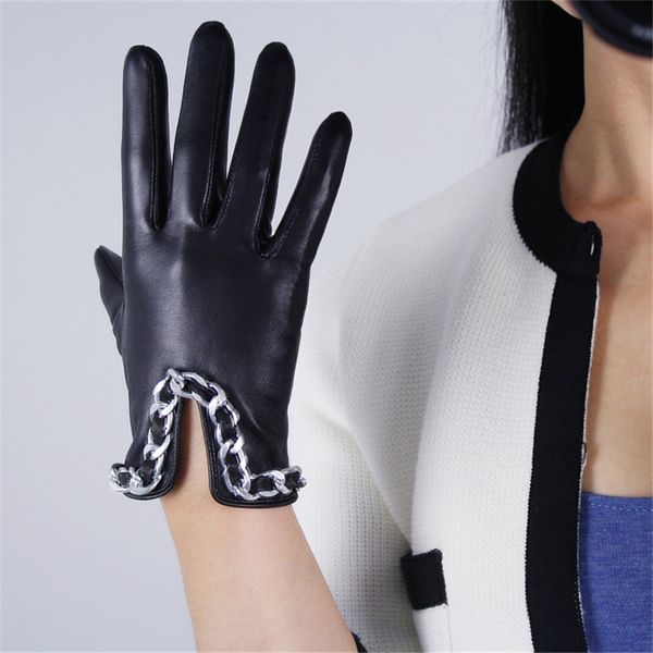 

touch screen sheepskin gloves women' genuine leather black thin velvet lining warm winter gloves silver chain, Blue;gray