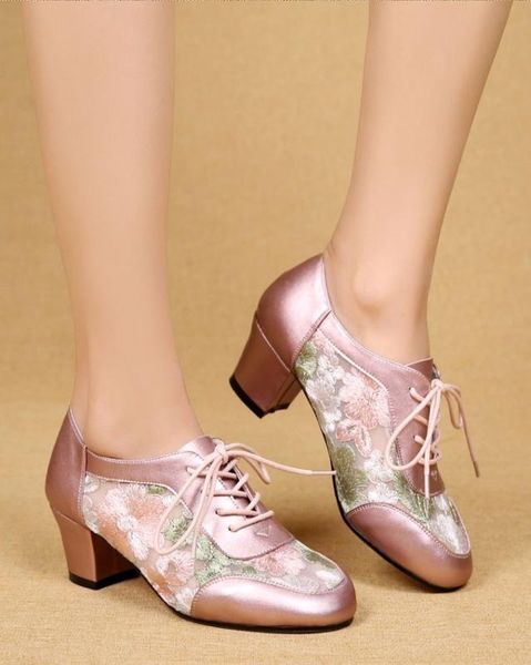 

womens round toe floral embroidery satin silk lace up block heel mesh breathable shoes low plus size dancing latin pumps, Black