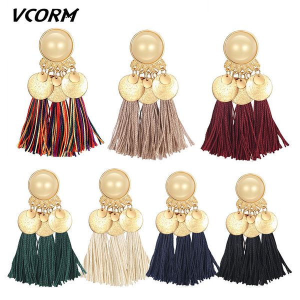 

vcorm bohemian tassel big drop earrings for women 2020 fashion jewelry statement cotton silk fabric long fringe dangle earrings, Silver