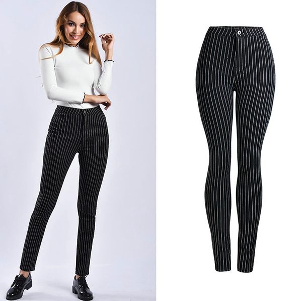 

new s-xxxl stretch mid waist black strips decoration jeans woman slim denim pants trousers for women pencil skinny office jeans, Blue