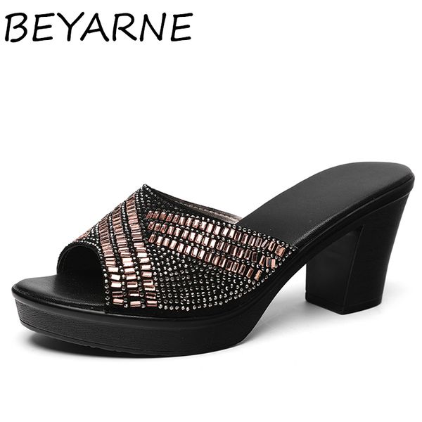 

beyarne women slipper 2020 ladies summer slippers shoes women high heels fashion platform rhinestone summer shoes non-slip, Black