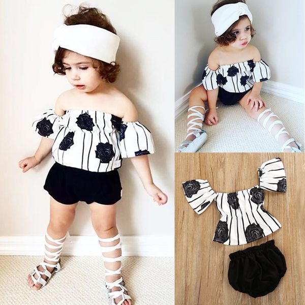 

newborn baby girl casual rose backless off shoulder striped short pants cotton outfit set 2020, White