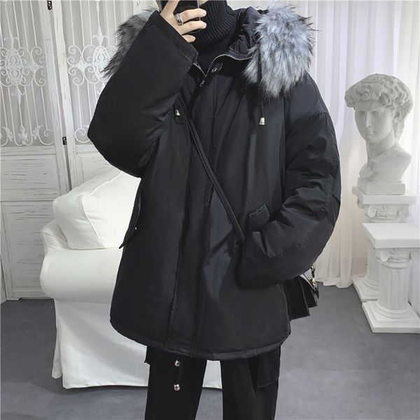 

winter jacket men's parka warm fashion casual fur collar hooded coat men streetwear loose cotton padded jacket mens clothes, Black