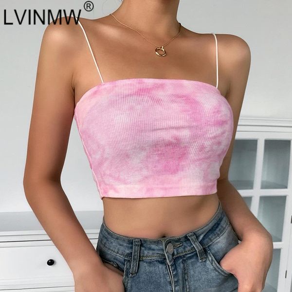 

lvinmw spaghetti straps sleeveless backless tie dye woman crop slim skinny fashion new camisole camis streetwear, White