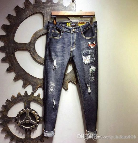 

2019 new fashion luxury designer distressed ripped mens jeans motorcycle biker jeans causal men designer pants mens skinny jeans, Blue