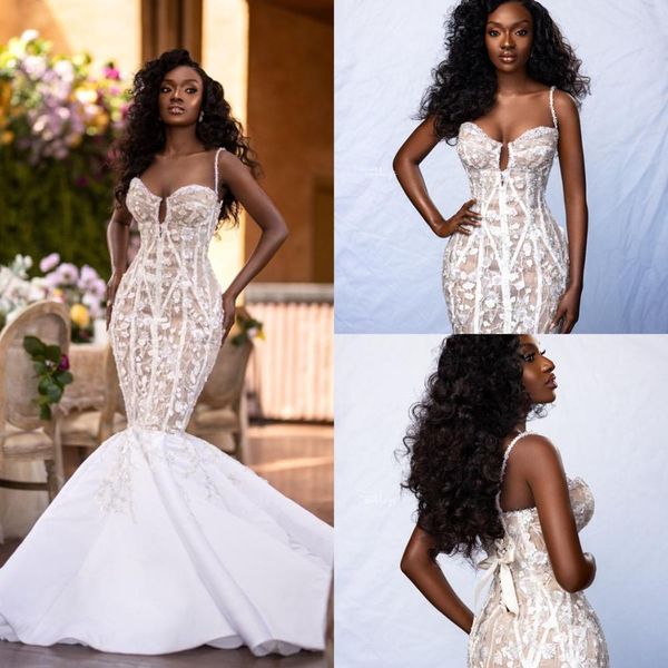 

2021 spaghetti straps mermaid wedding dresses plus size lace floral appliqued boho wedding gowns custom made illusion robes de mariÃ©e, White