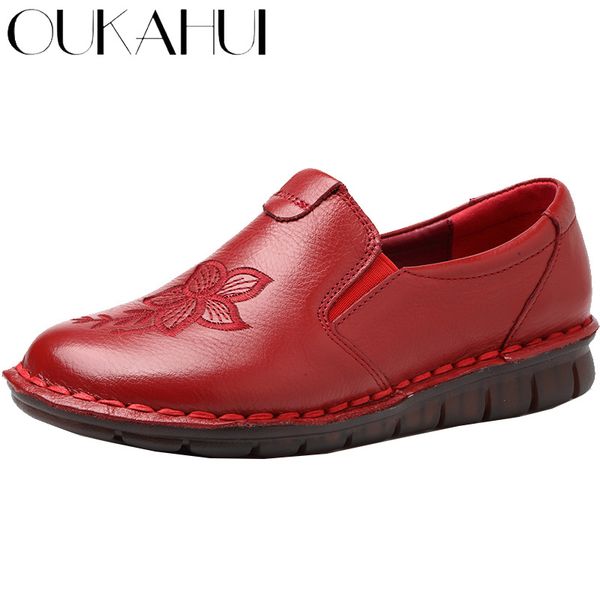 

oukahui 2020 spring women genuine leather loafers shoes handmade low heel 3cm soft bottom breathable ladies slip-on flats shoes, Black