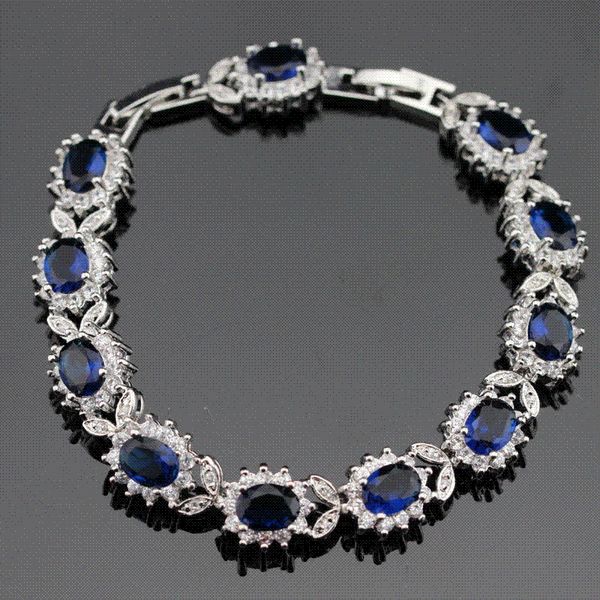 

925 sterling silver bracelets for women length 18cm flower blue sapphire tanzanite white z trendy jewelry gift box, Golden;silver