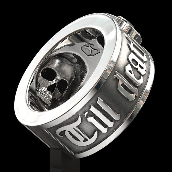 

till death do us part' hip hop men's fashion stainless steel black diamond skull band ring punk gothic engagement jewelry size 7, Silver