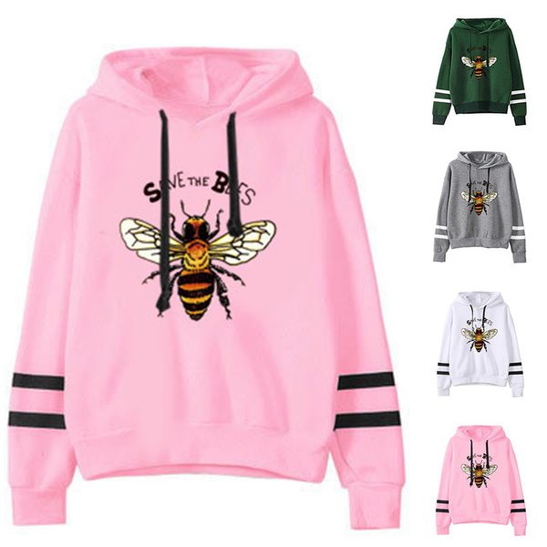

women's hoodies & sweatshirts women hoodie save bees printed double striped long sleeve fleece sweatshirt with hat girls pullovers autu, Black
