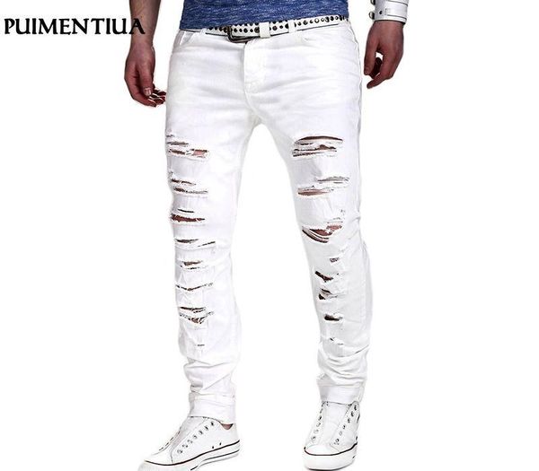

puimentiua men 2019 solid ripped jeans black white casual slim long jeans trousers male denim pants streetwear, Blue