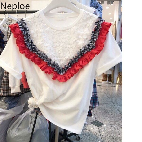 

women's t-shirt neploe lace patchwork women t shirts o-neck short sleeve tees korean loose cotton ladies 43776, White