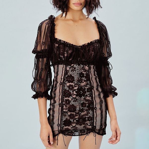 

casual dresses 2021 lace patchwork women dress square collar high waist puff sleeve hollow out bandages mini female, Black;gray