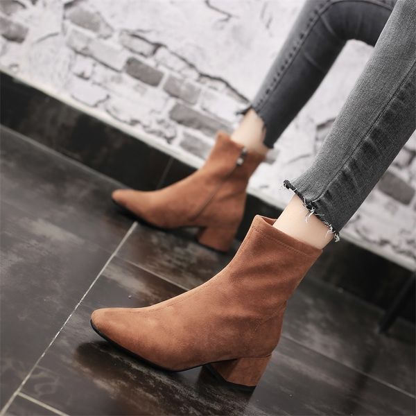 

women fashion boots flock high heels ankle boots female zipper square warm plush winter casual shoes woman botines mujer, Black